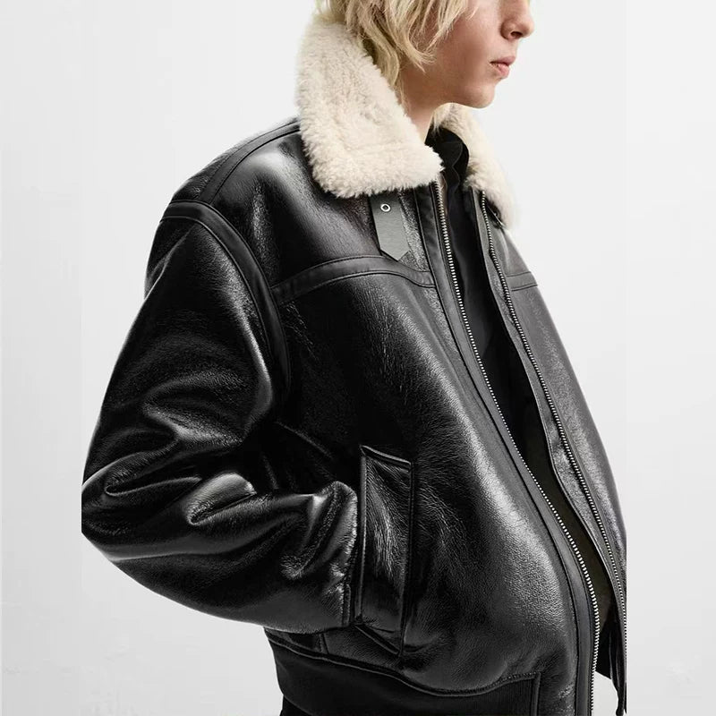 Faux Leather Fleece-Lined Jacket