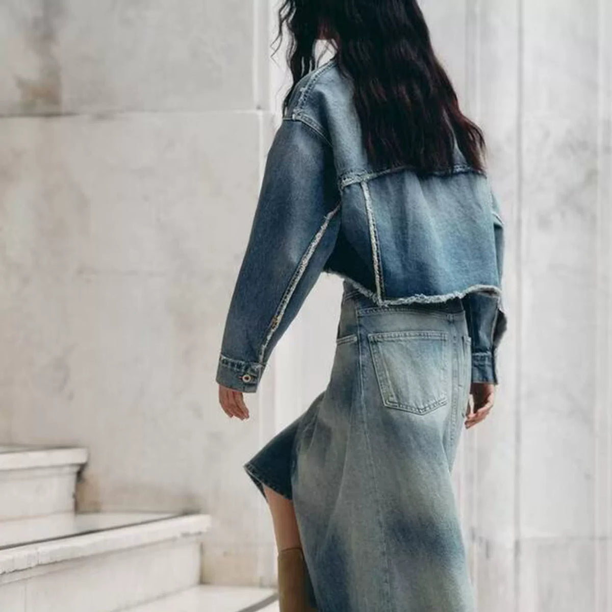Denim Cropped Jacket & Midi Skirt Set