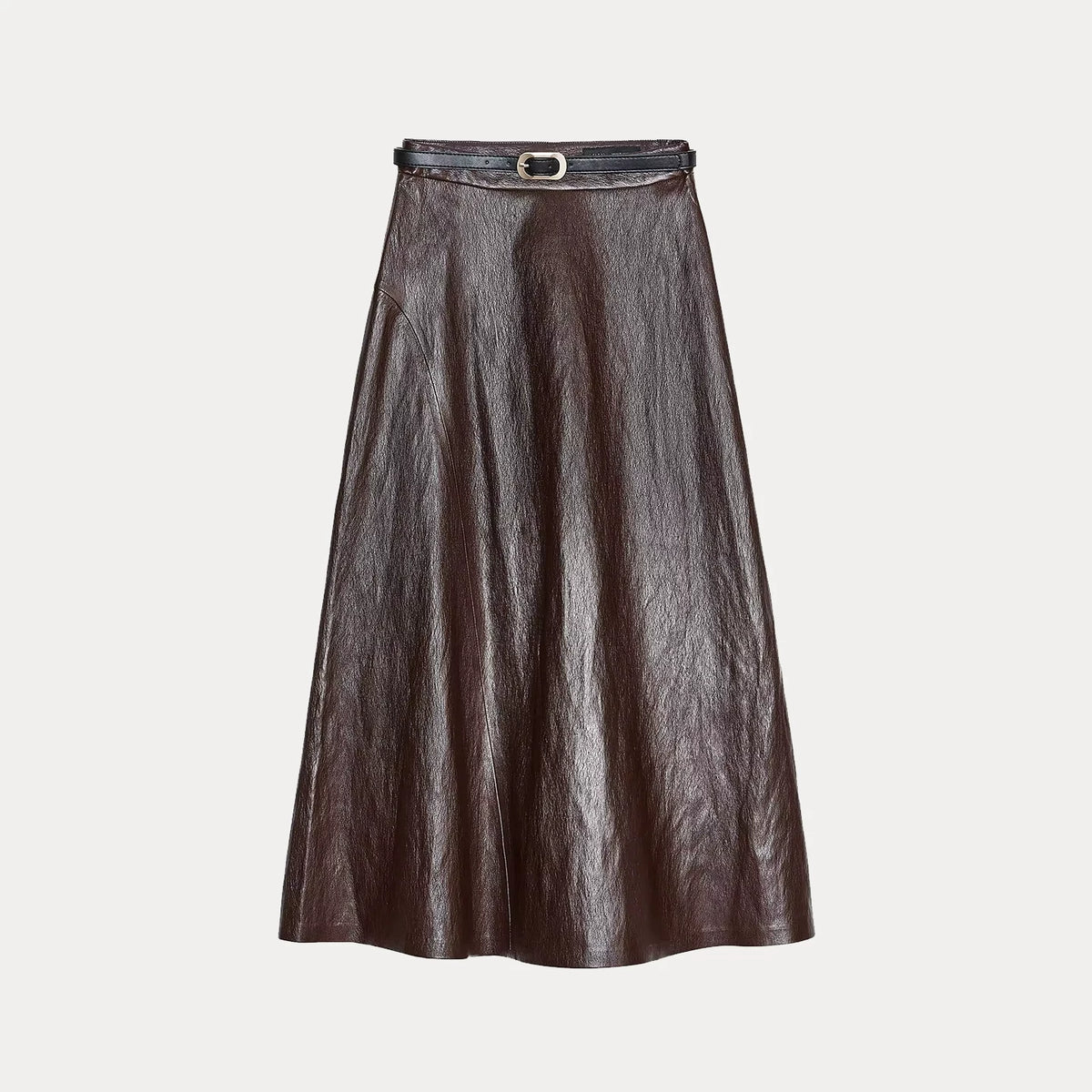 Belted Faux Leather Midi Skirt