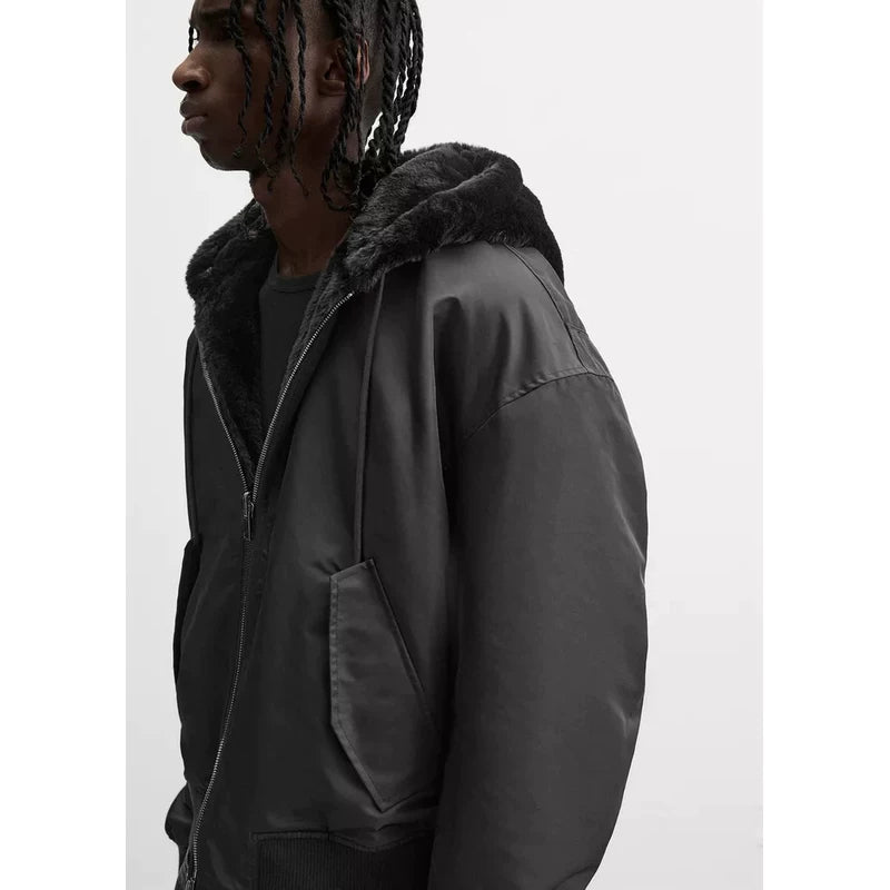 Reversible Hooded Pilot Jacket in Black