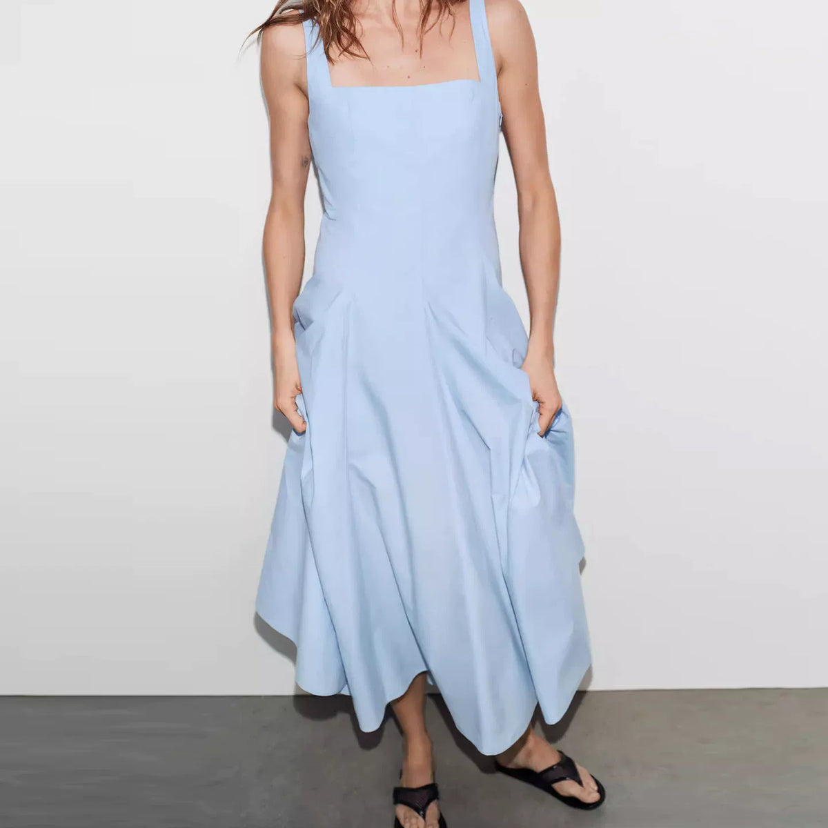 Poplin Square-Neck Flare Dress