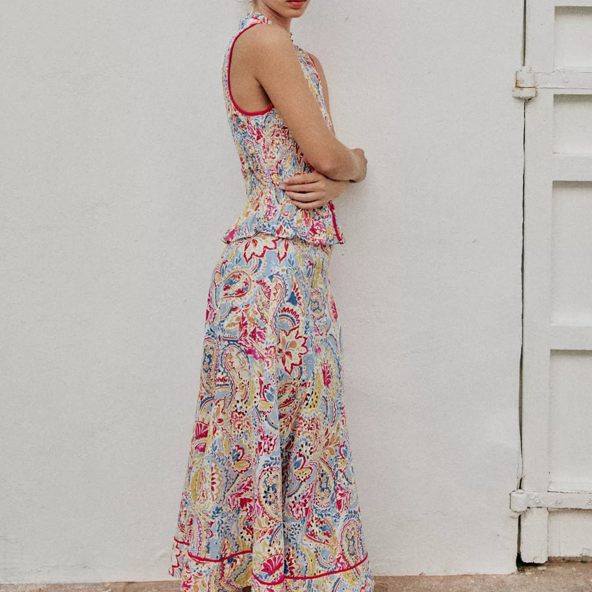 Printed Cutwork Top & A-Line Midi Skirt Set