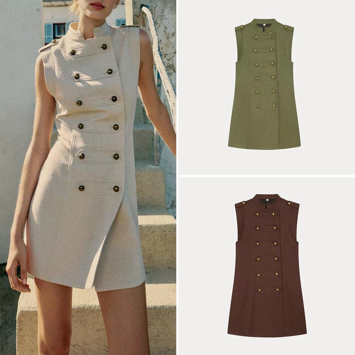 Sleeveless Knot-Button Mini Dress