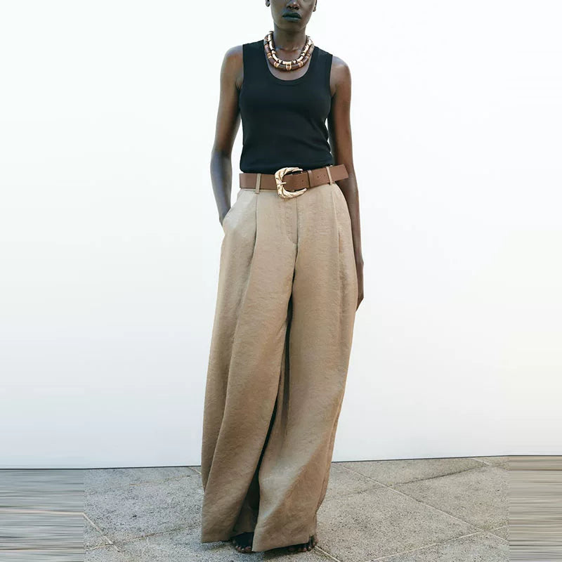 Satin-Finish Belted Wide-Leg Trousers