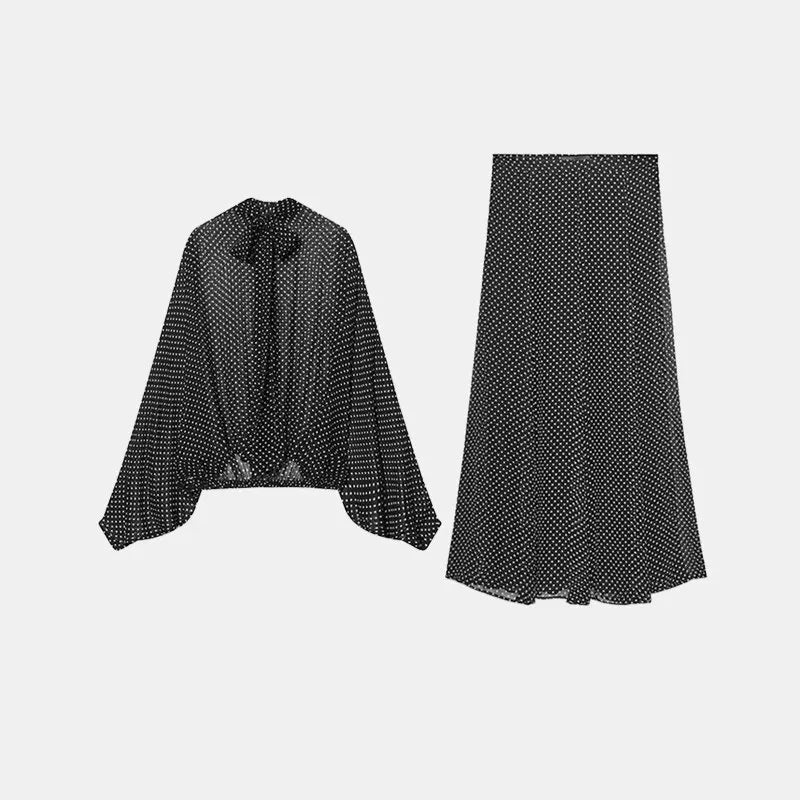 Polka Dot Bow Shirt and Midi Skirt Set
