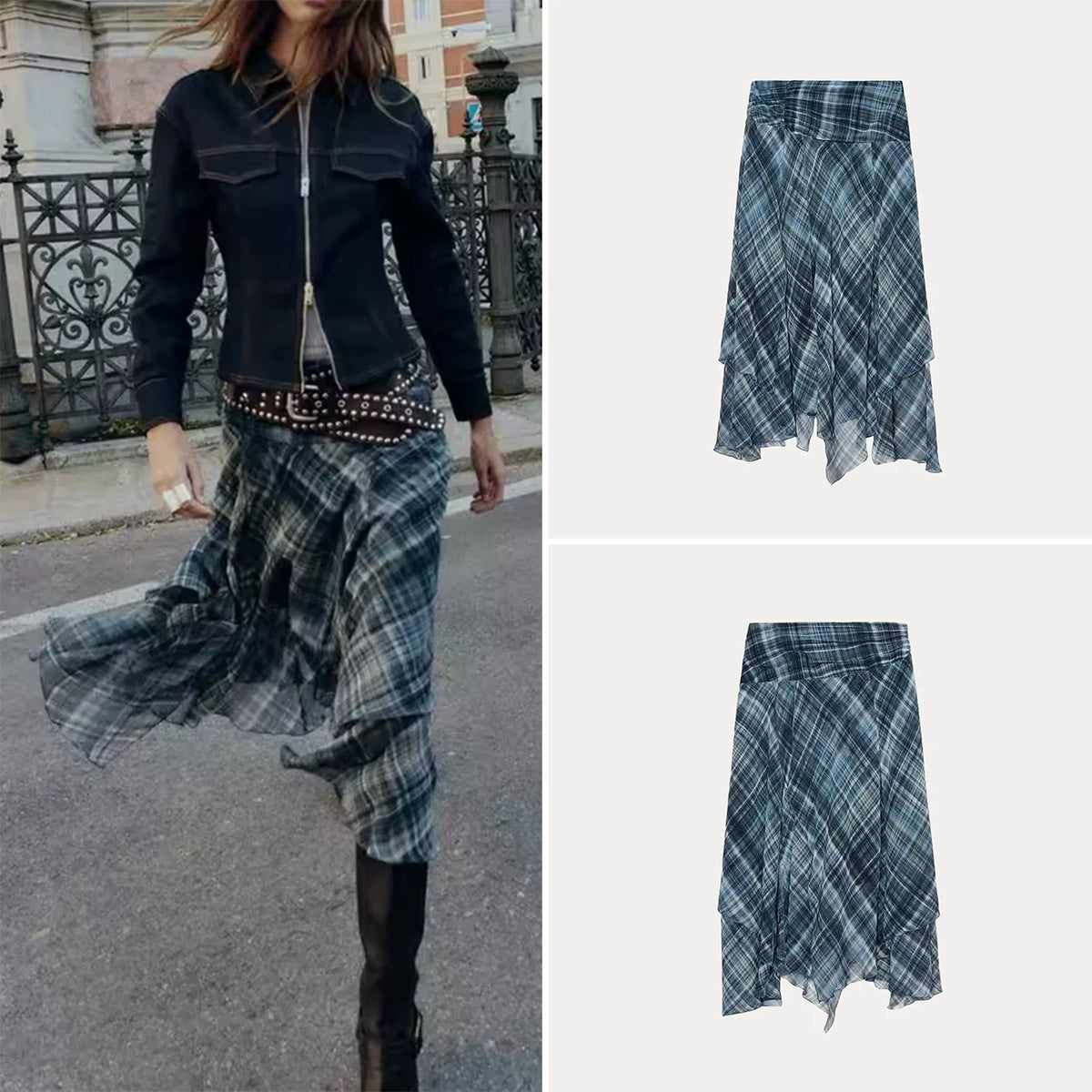 Asymmetric Plaid Midi Skirt