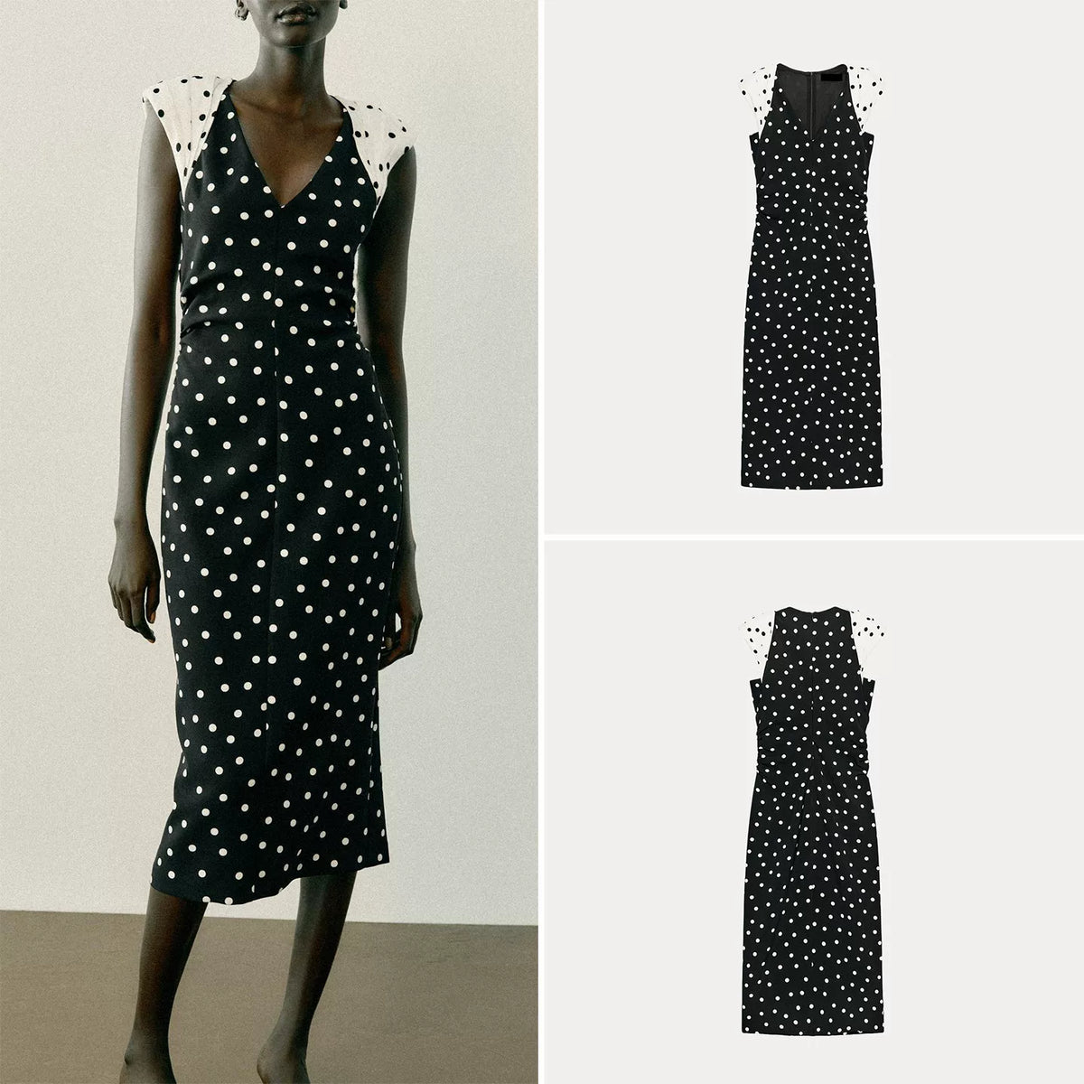 Padded-Shoulder Polka Dot Midi Dress