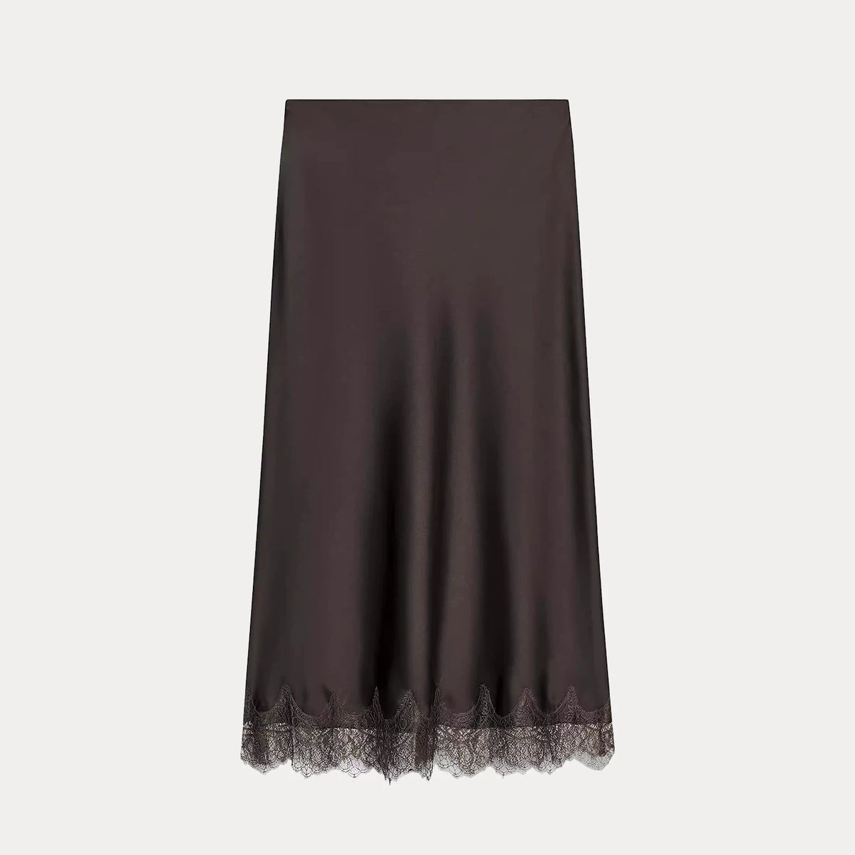 Lace-Trim Satin-Finish Midi Skirt