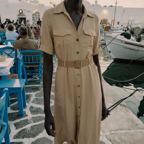 Belted Short-Sleeve Shirt Dress