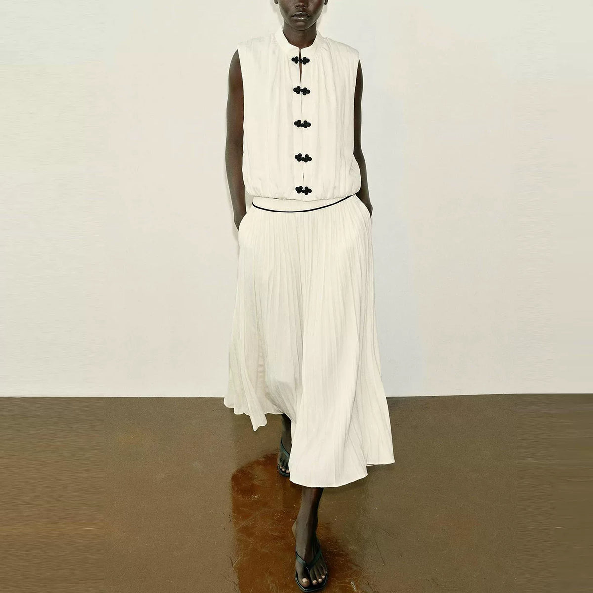 Knot-Button Top and Contrast Midi Skirt Set