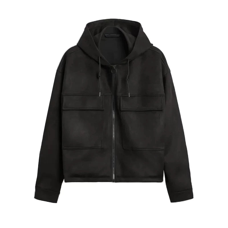 Hooded Suede-Effect Zip Jacket