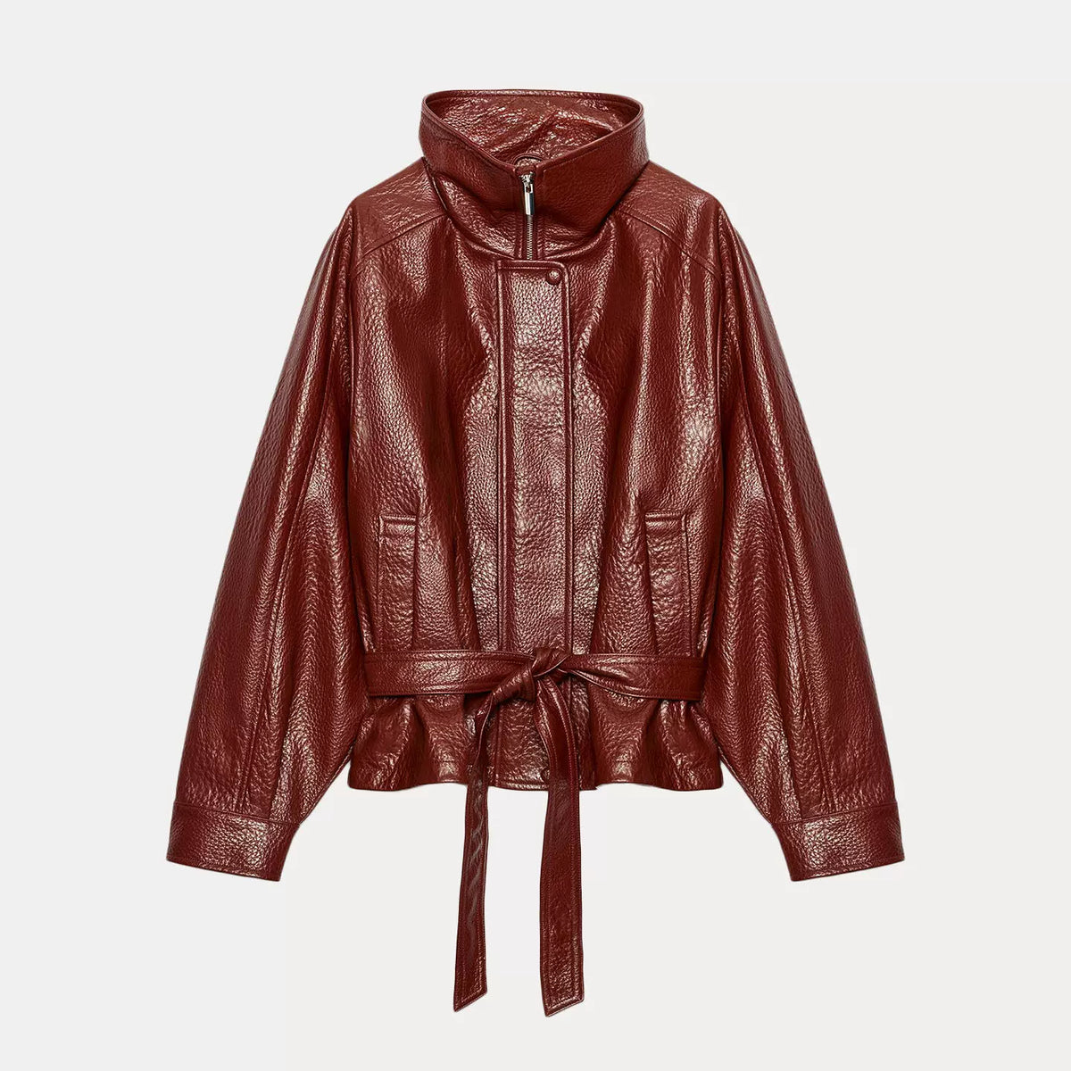 Faux Leather Stand-Collar Belted Jacket