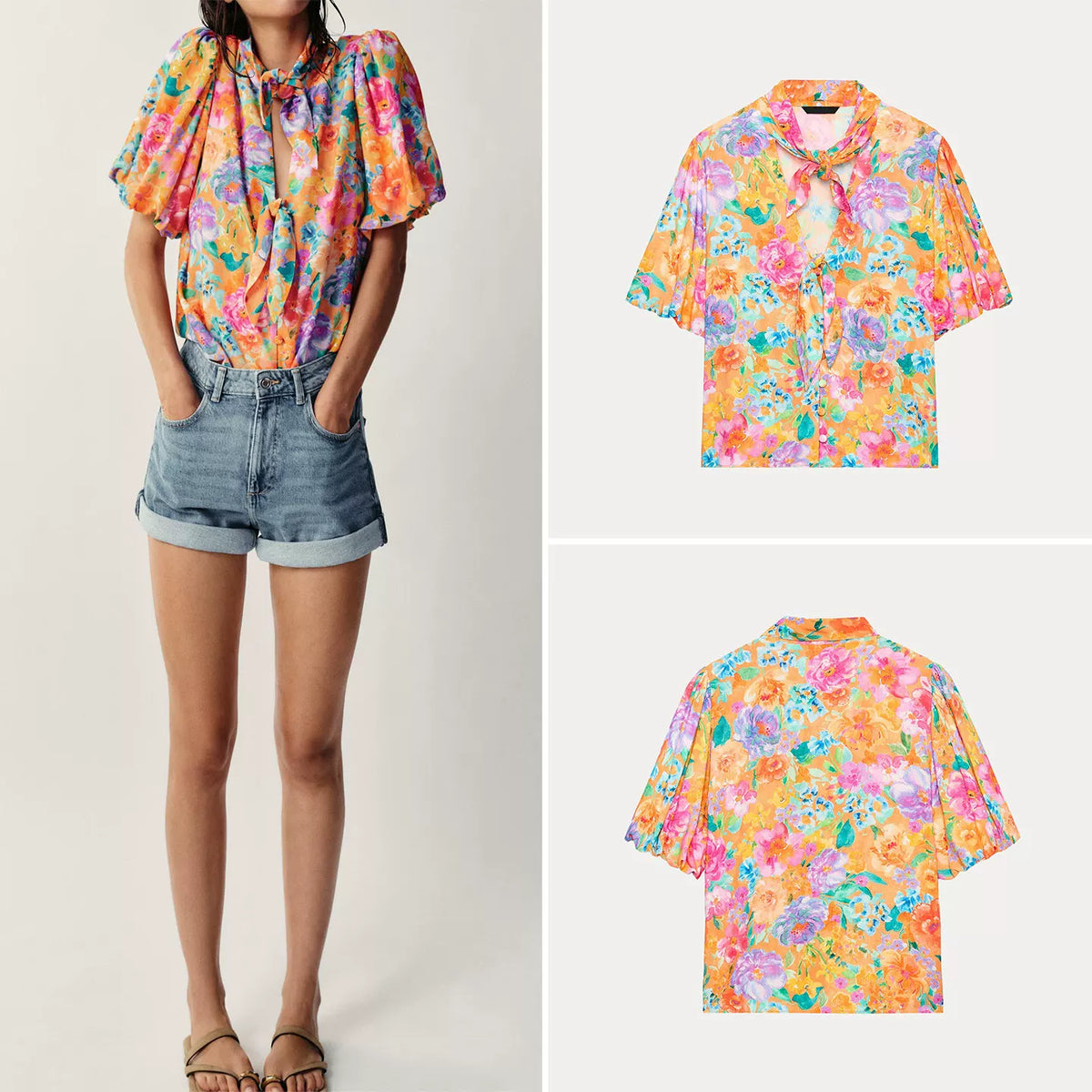 Bow Floral Print Short-Sleeve Shirt