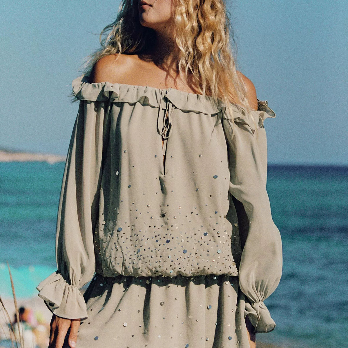 Sheen Long-Sleeve Crew Neck Dress