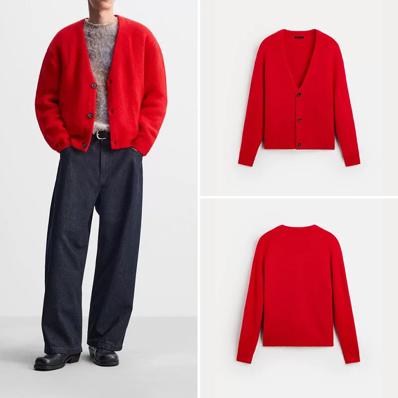 Red V-Neck Knit Cardigan