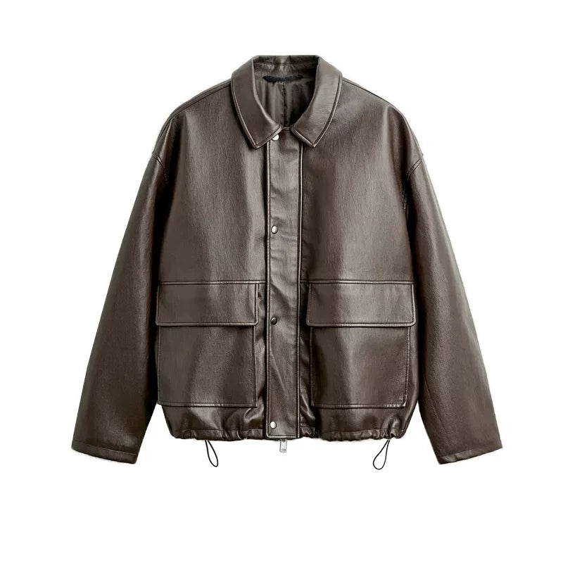 Faux Leather Collared Pocket Jacket