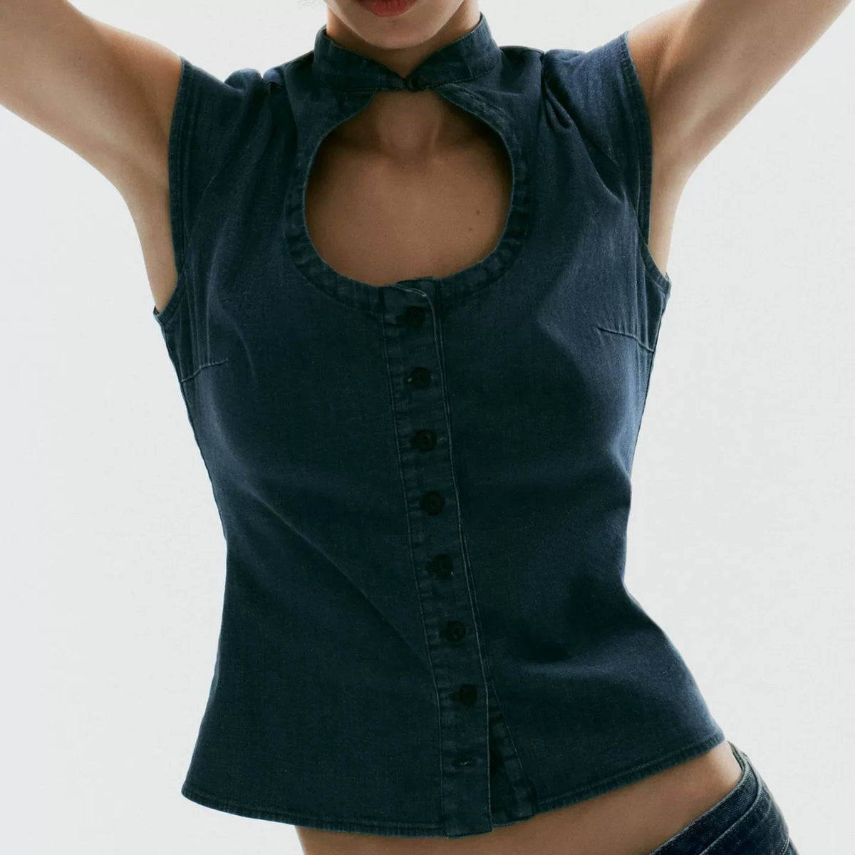 Denim-Effect Top and Belted Pleated Trousers Set