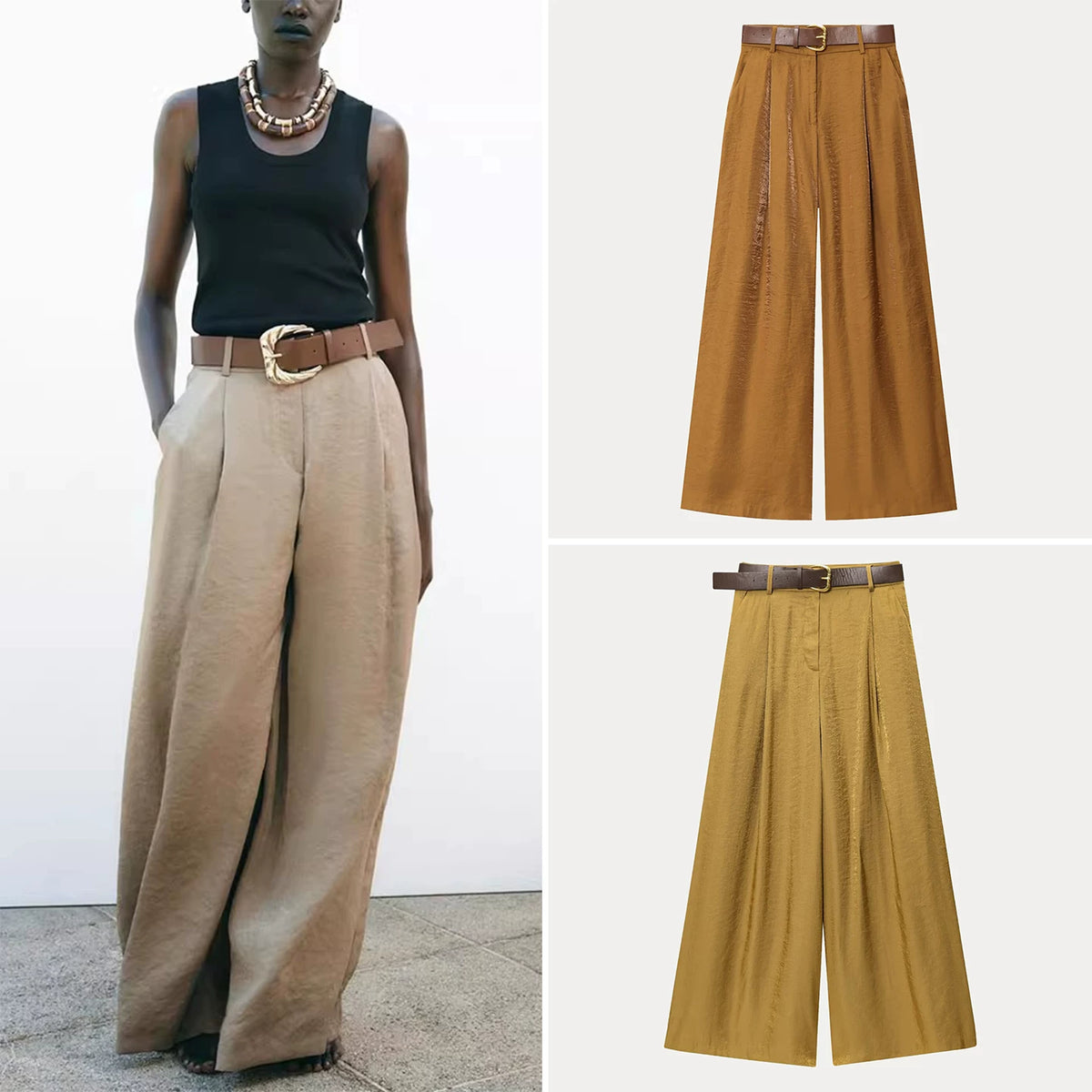 Satin-Finish Belted Wide-Leg Trousers