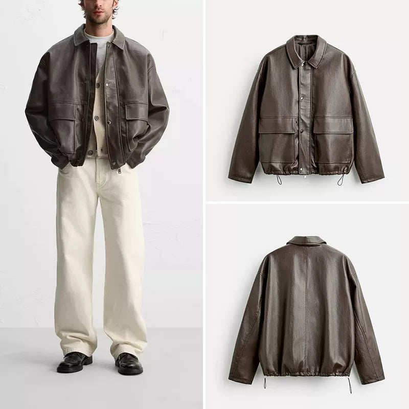 Faux Leather Collared Pocket Jacket