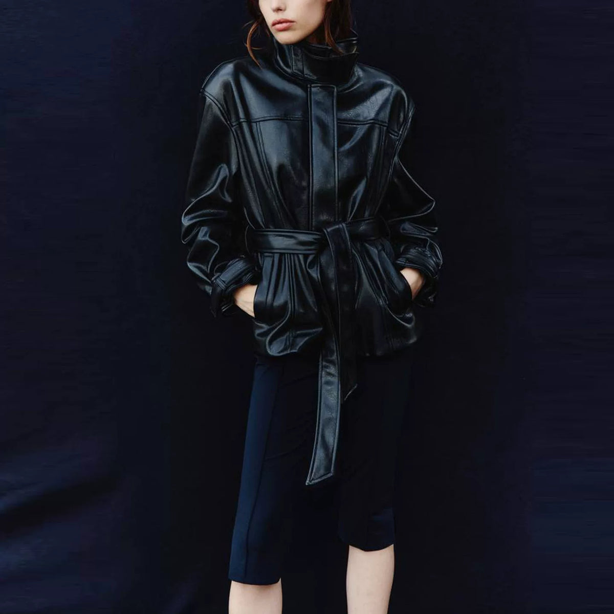 Stand-Collar Tie-Waist Jacket