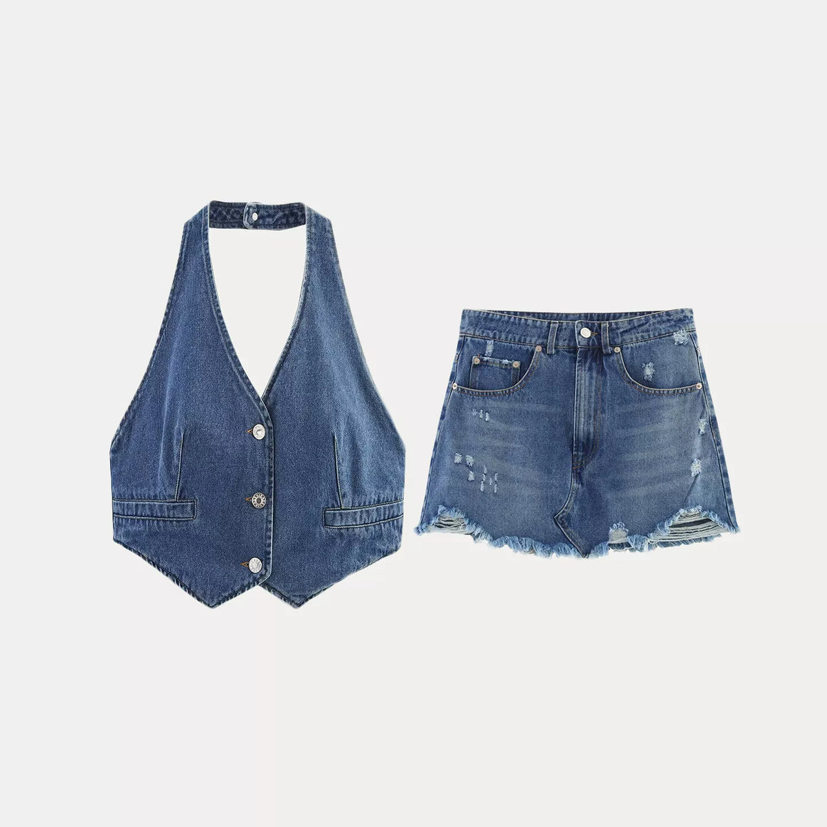 Denim Backless Top and Distressed Mini Skirt Set