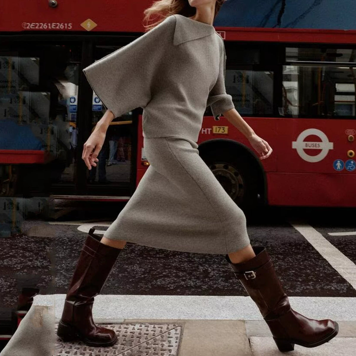 Flip-Collar Knit Top and Midi Skirt Set