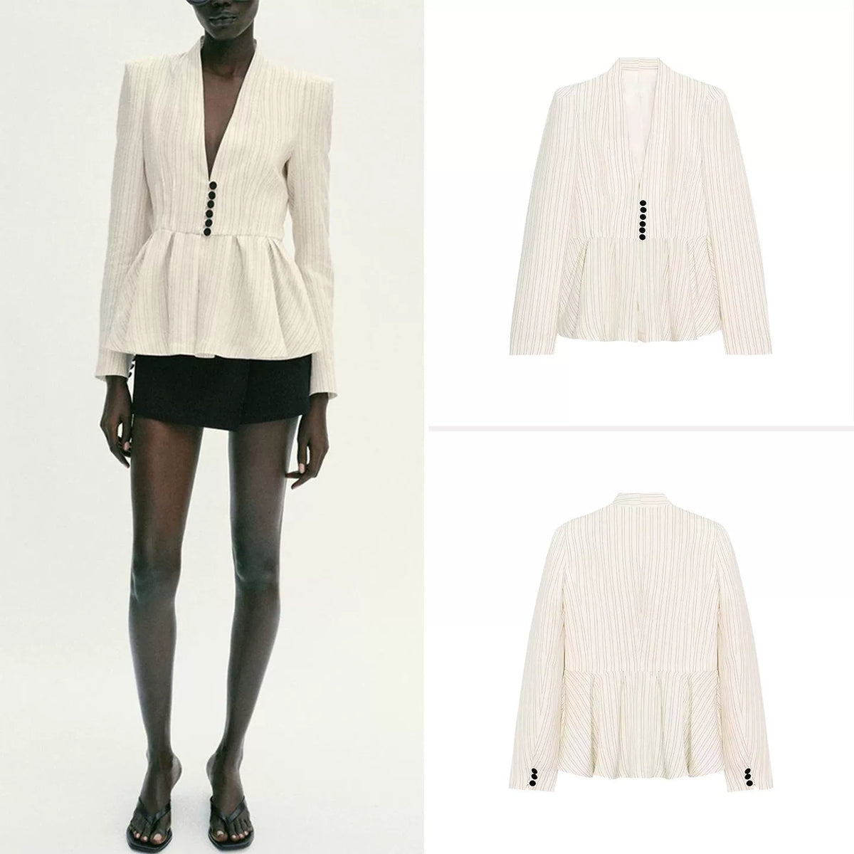 Striped V-Neck Short Hem Blazer