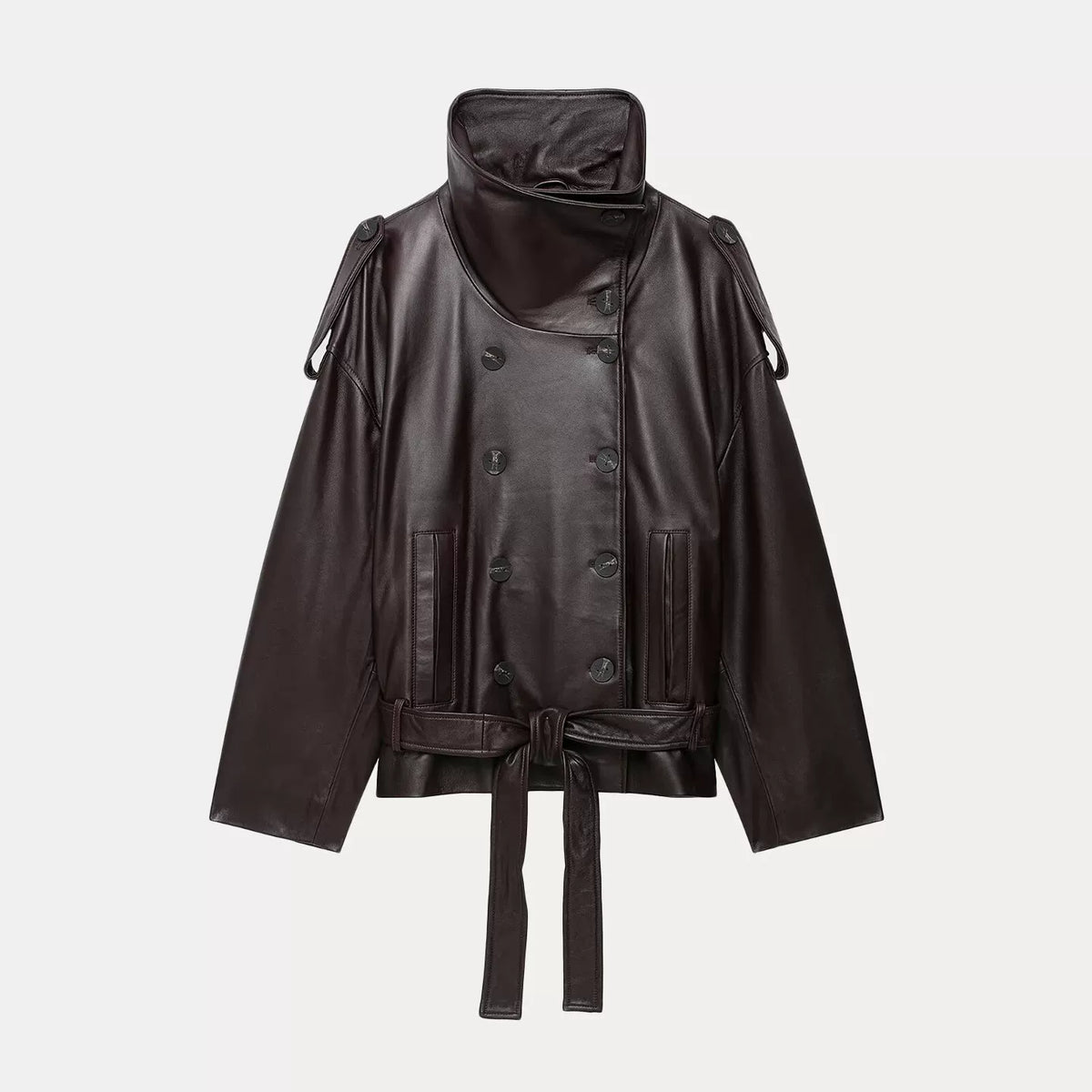 Belted Stand-Collar Jacket in Deep Eggplant Purple
