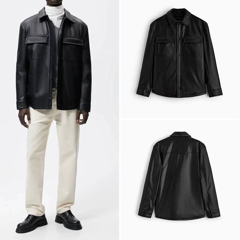 Faux Leather Shirt Jacket