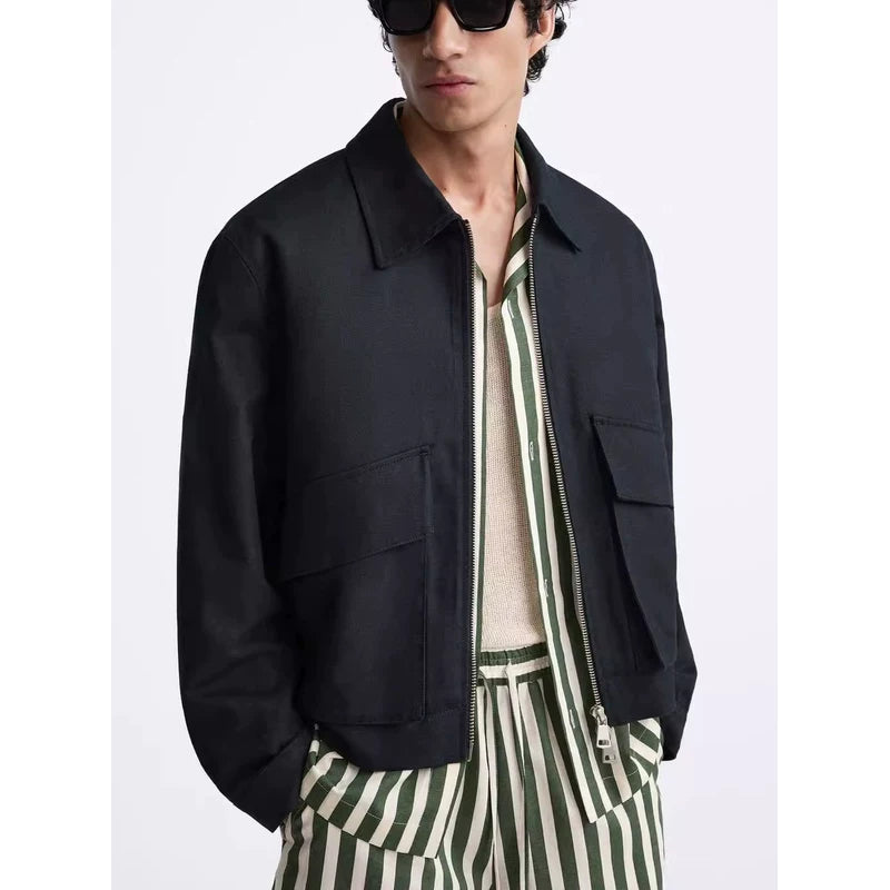 Textured-Cuff Collar Zip Jacket