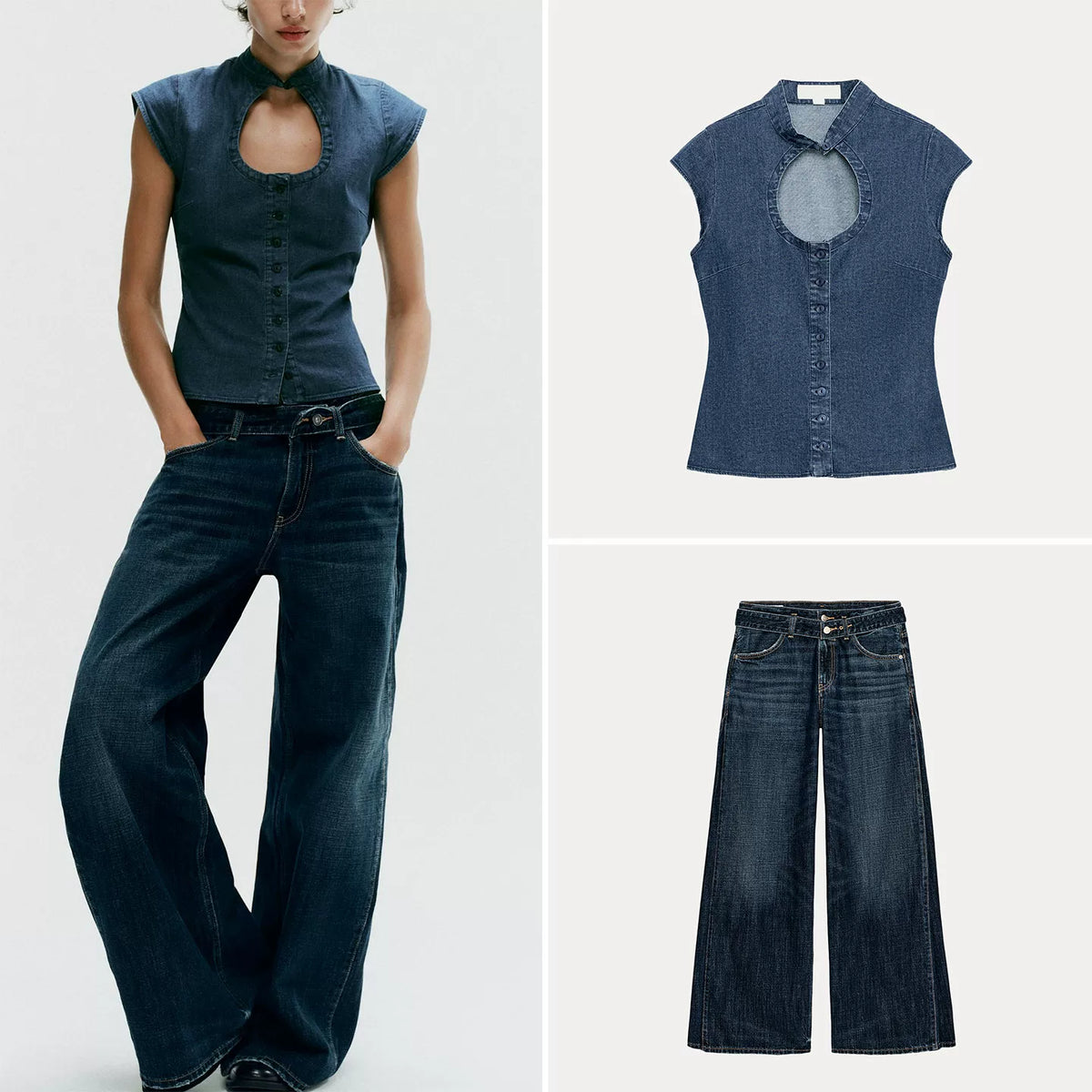 Denim-Effect Top and Belted Pleated Trousers Set