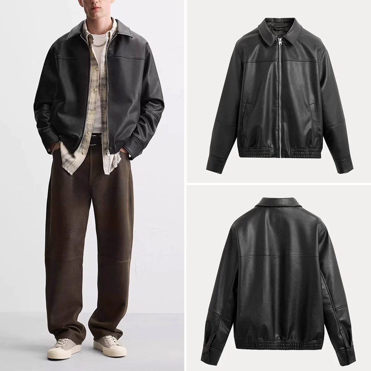 Faux Leather Collar Zip Jacket