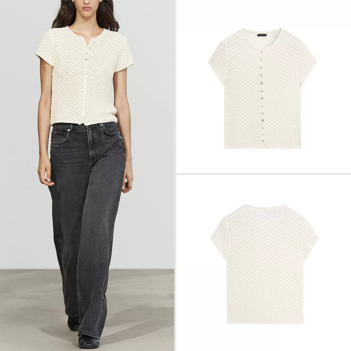 Textured Openwork Short-Sleeve Cardigan