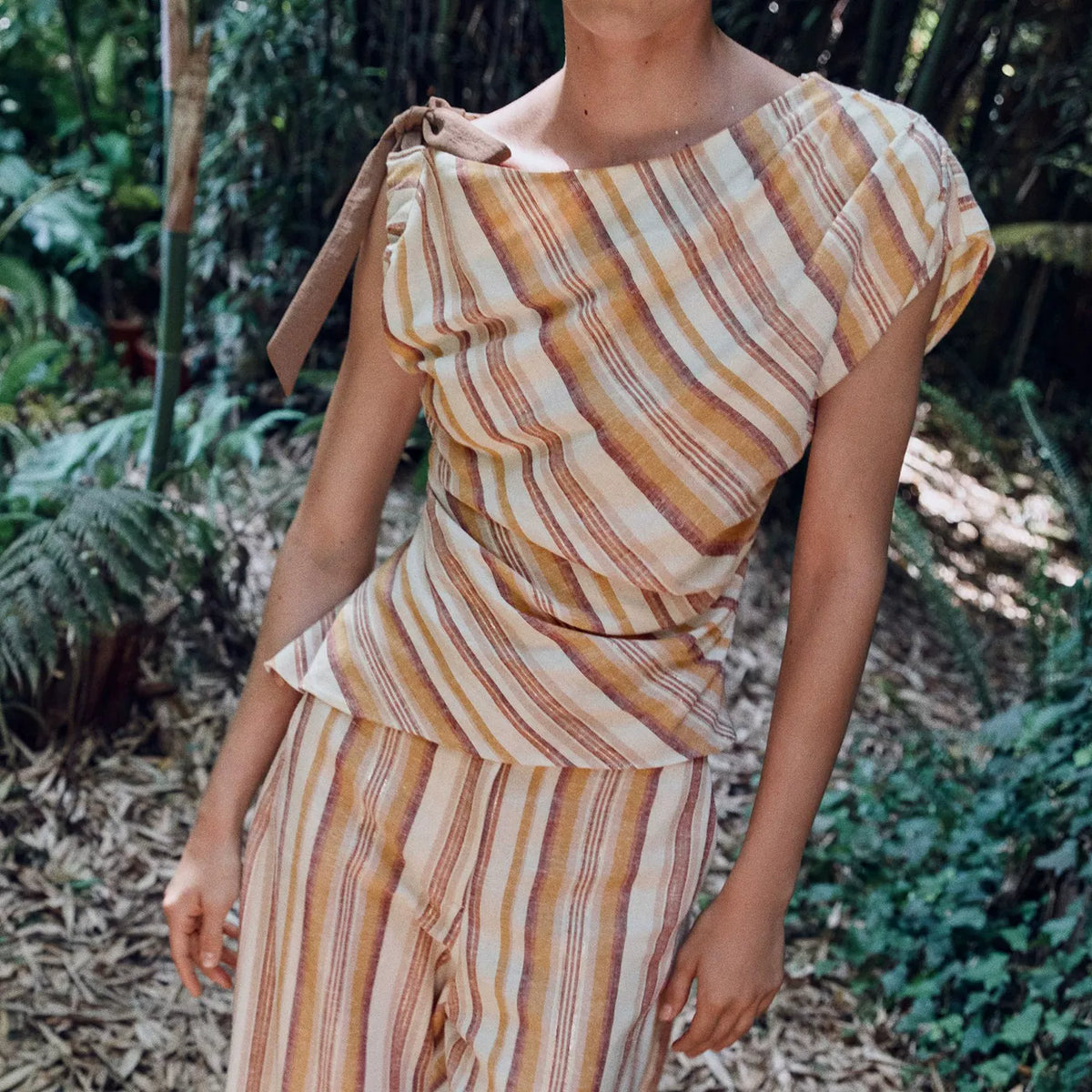 Striped Asymmetric Top & Wide-Leg Trousers Set