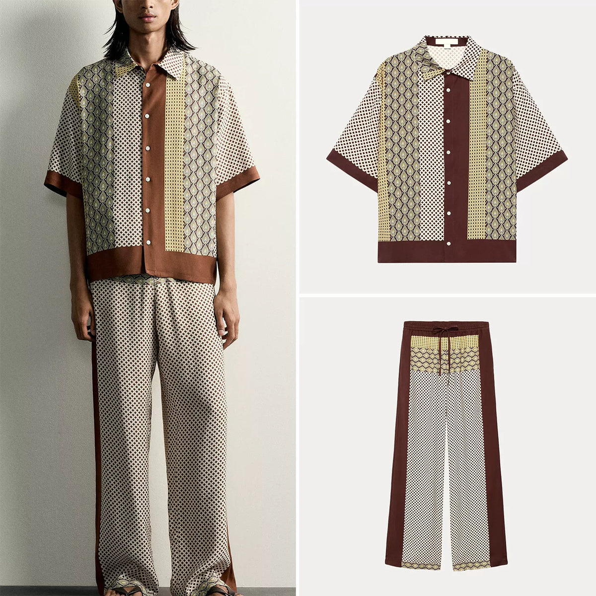 Contrast Short-Sleeve Shirt & Drape Trousers Set
