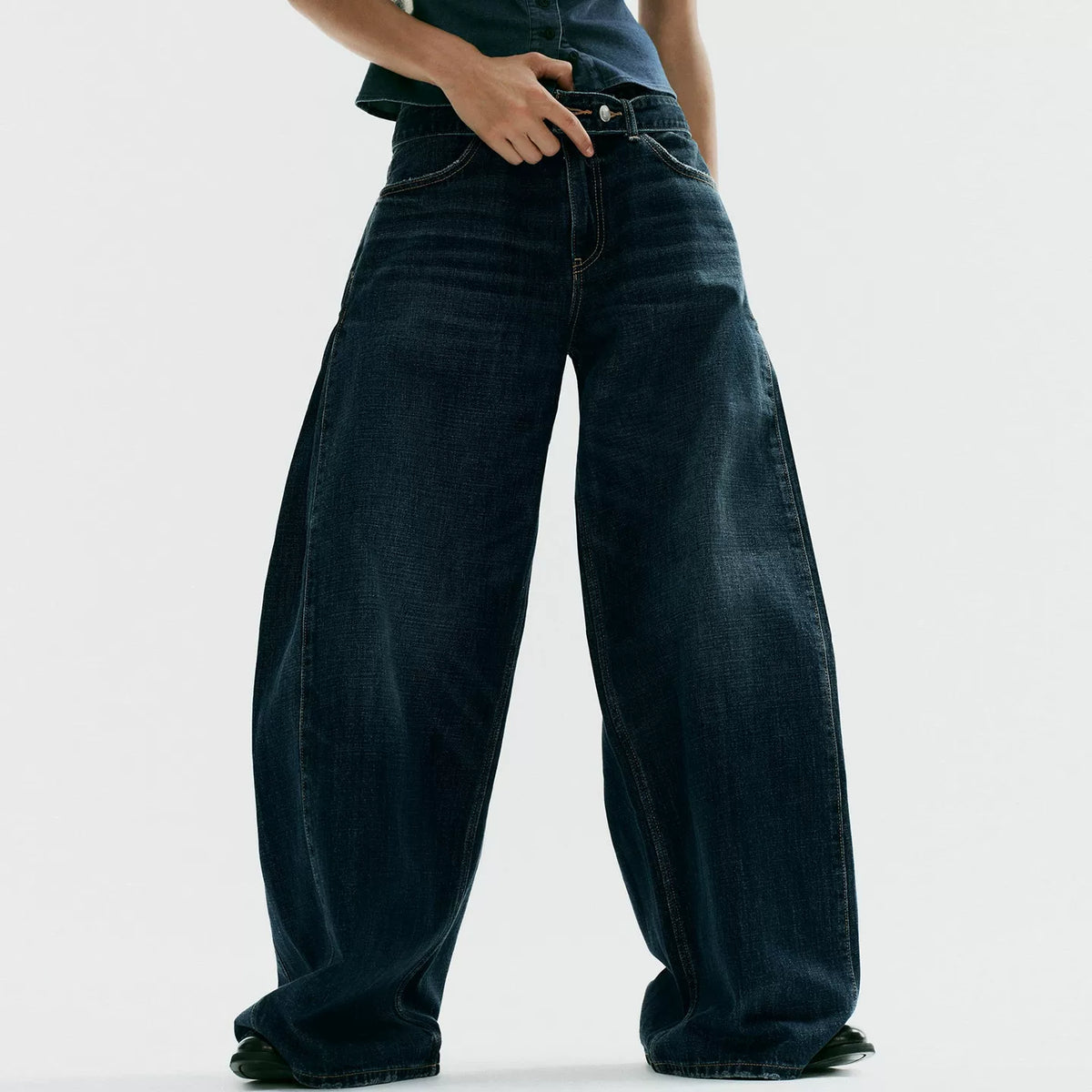 Denim-Effect Top and Belted Pleated Trousers Set