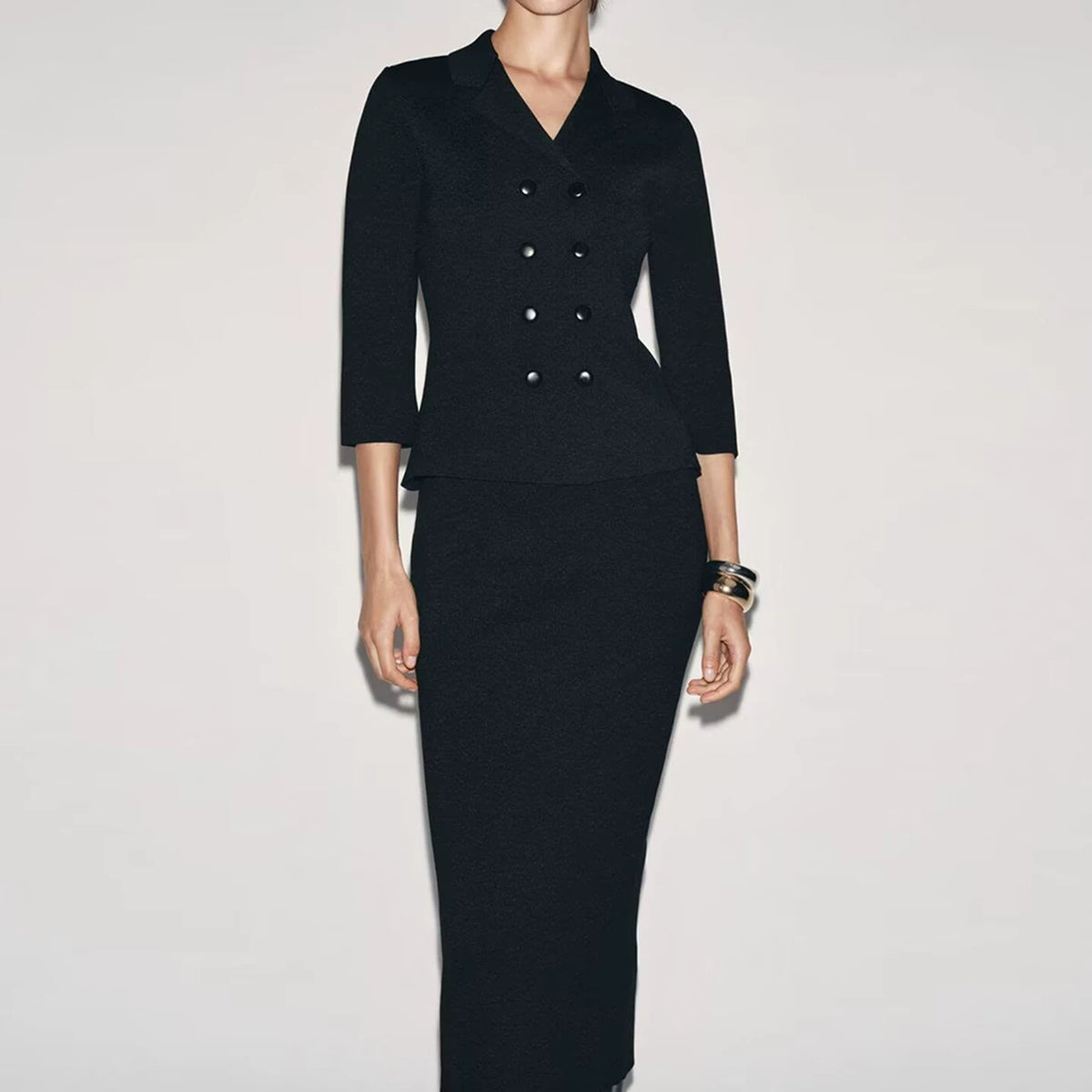 Knit Double-Breasted Jacket and Midi Skirt Set