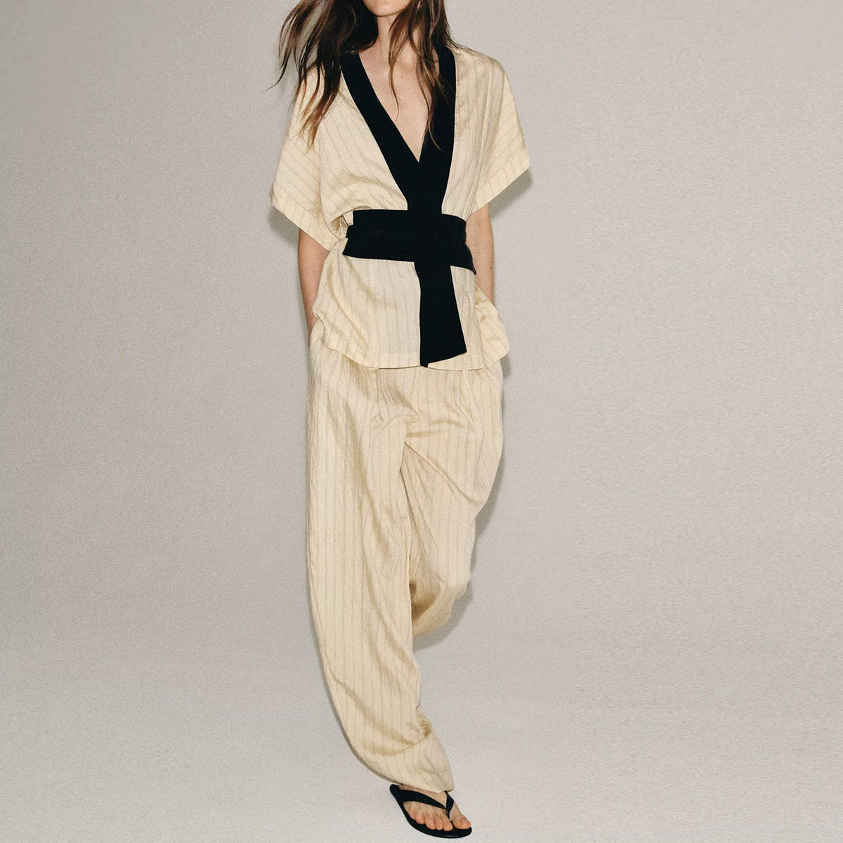 Contrast Trim Striped Top & Wide-Leg Trousers Set