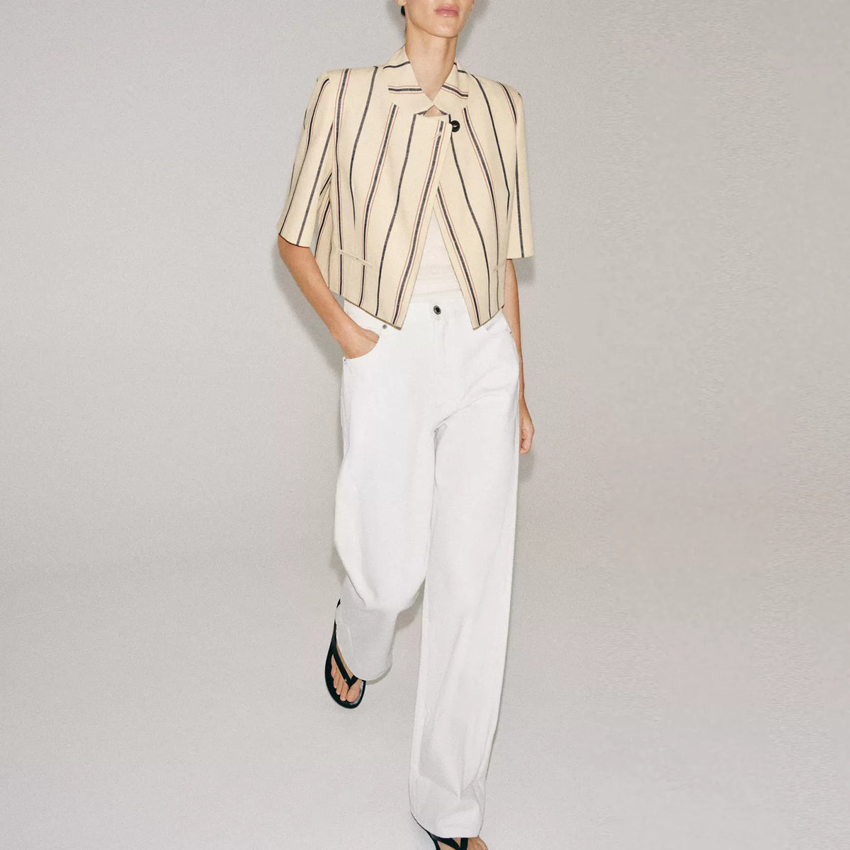 Striped Short-Sleeve Cropped Blazer