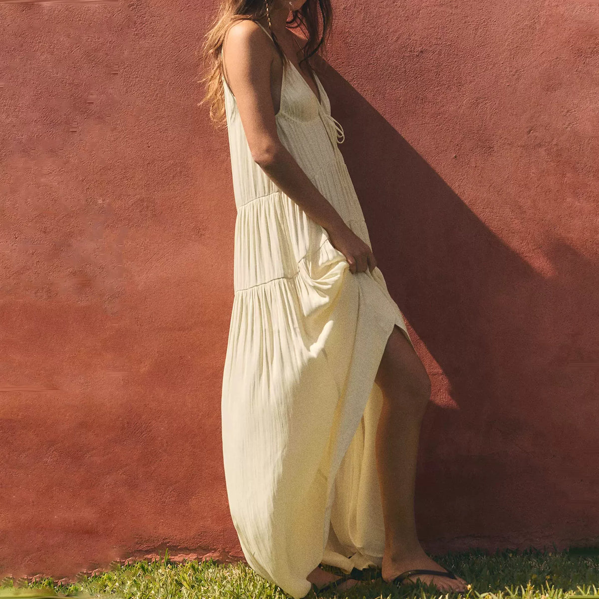 Pleated V-Neck Long Dress