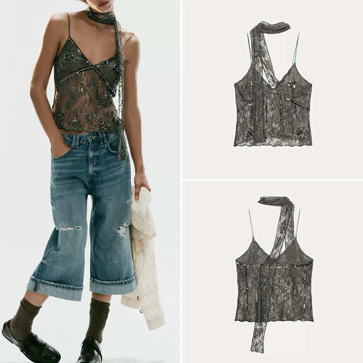 Lace Embroidered Scarf-Style Top