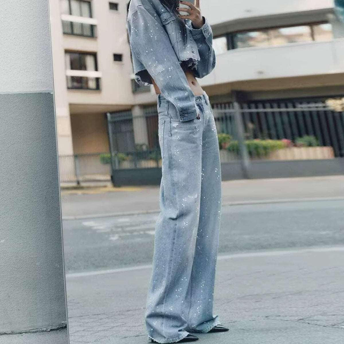 Denim Jacket and High-Rise Jeans Set