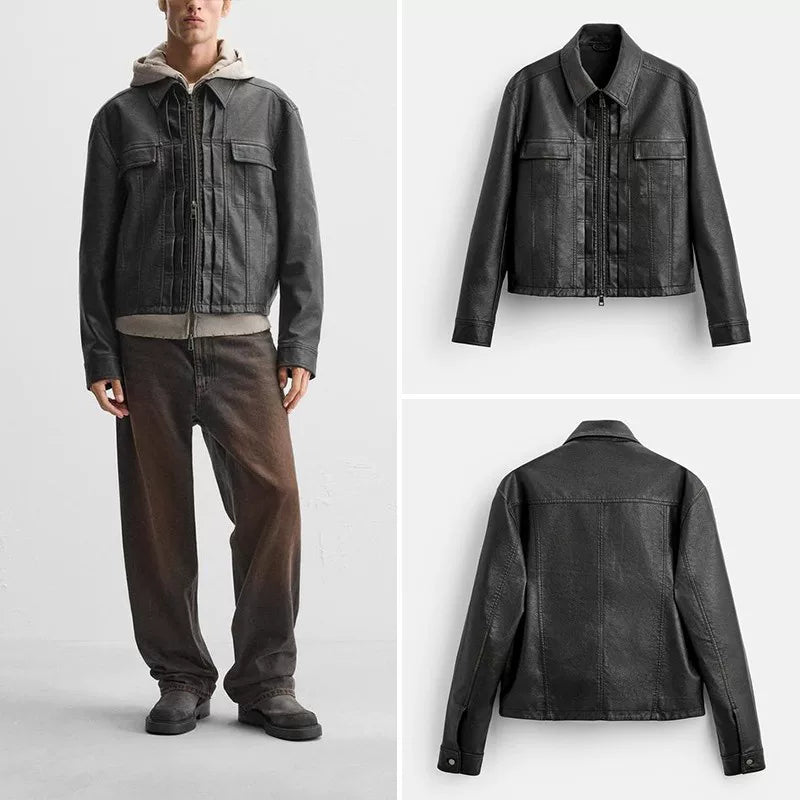 Washed Faux Leather Zip Jacket in Black