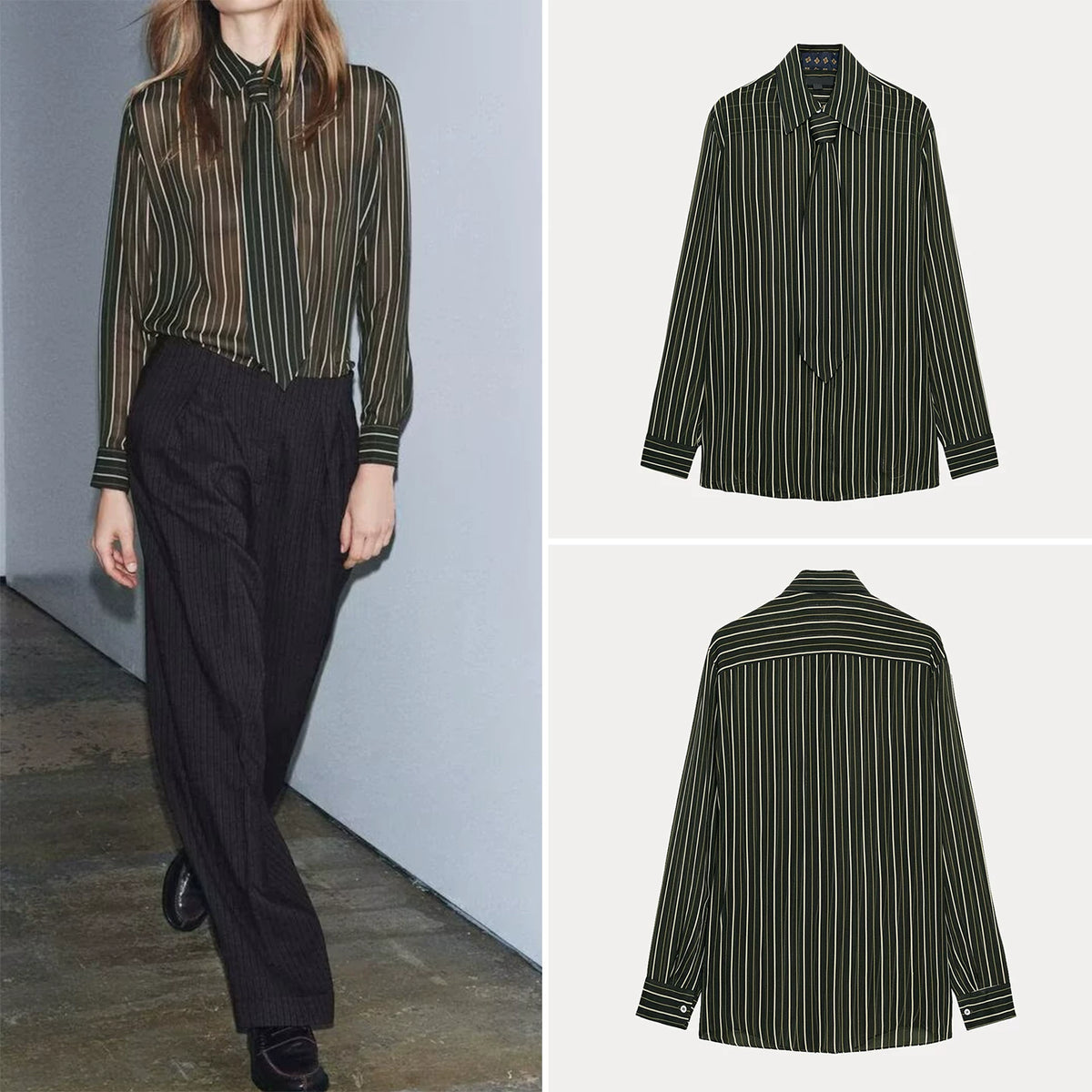 Striped Tie-Neck Shirt