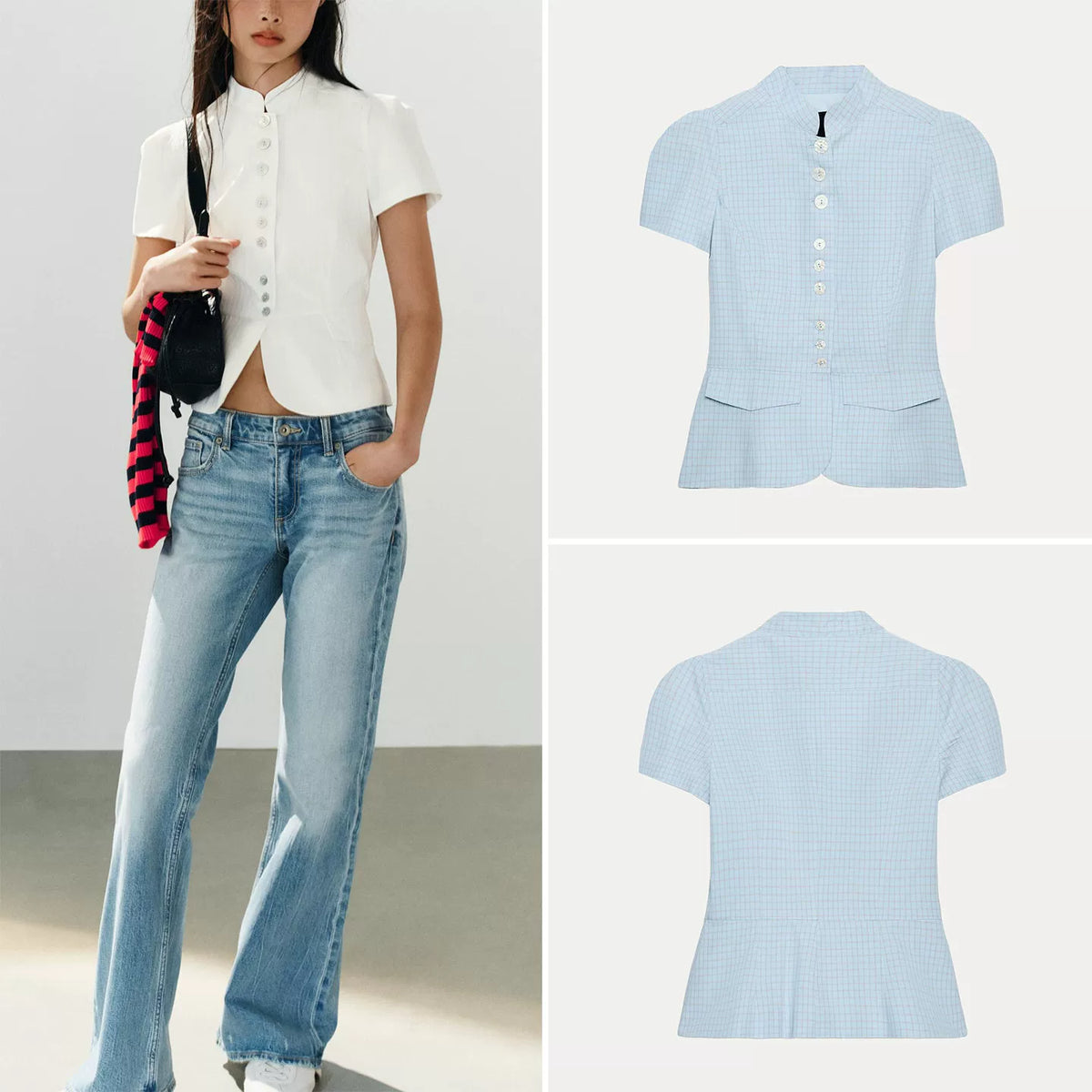 Plaid High-Neck Short-Sleeve Top