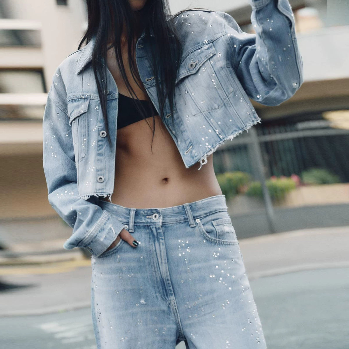 Denim Jacket and High-Rise Jeans Set
