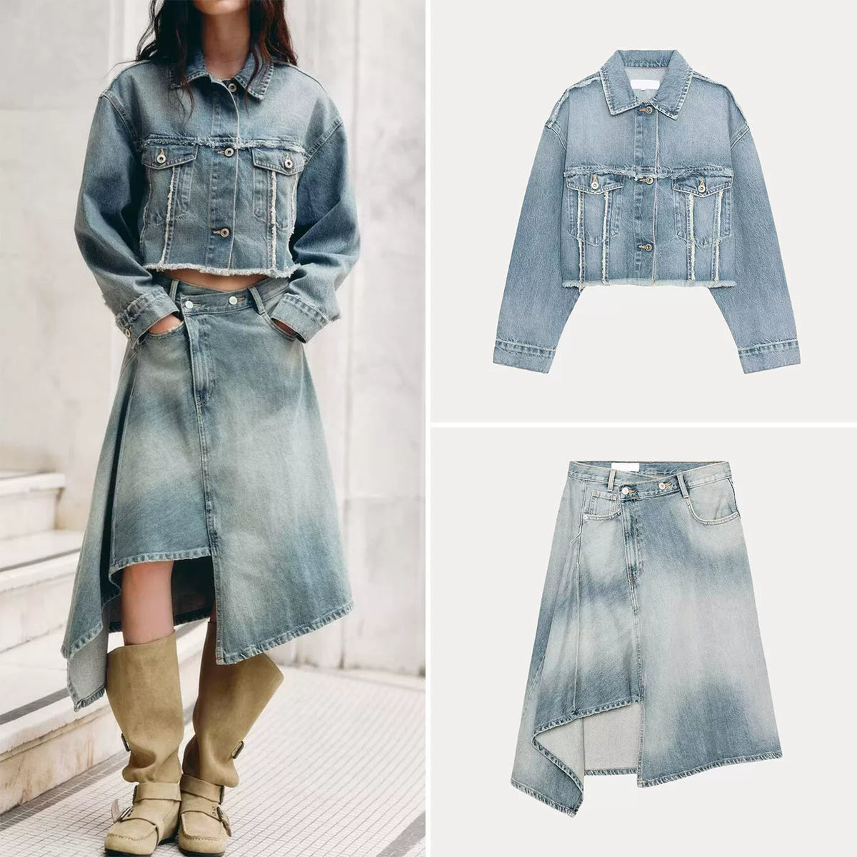 Denim Cropped Jacket & Midi Skirt Set