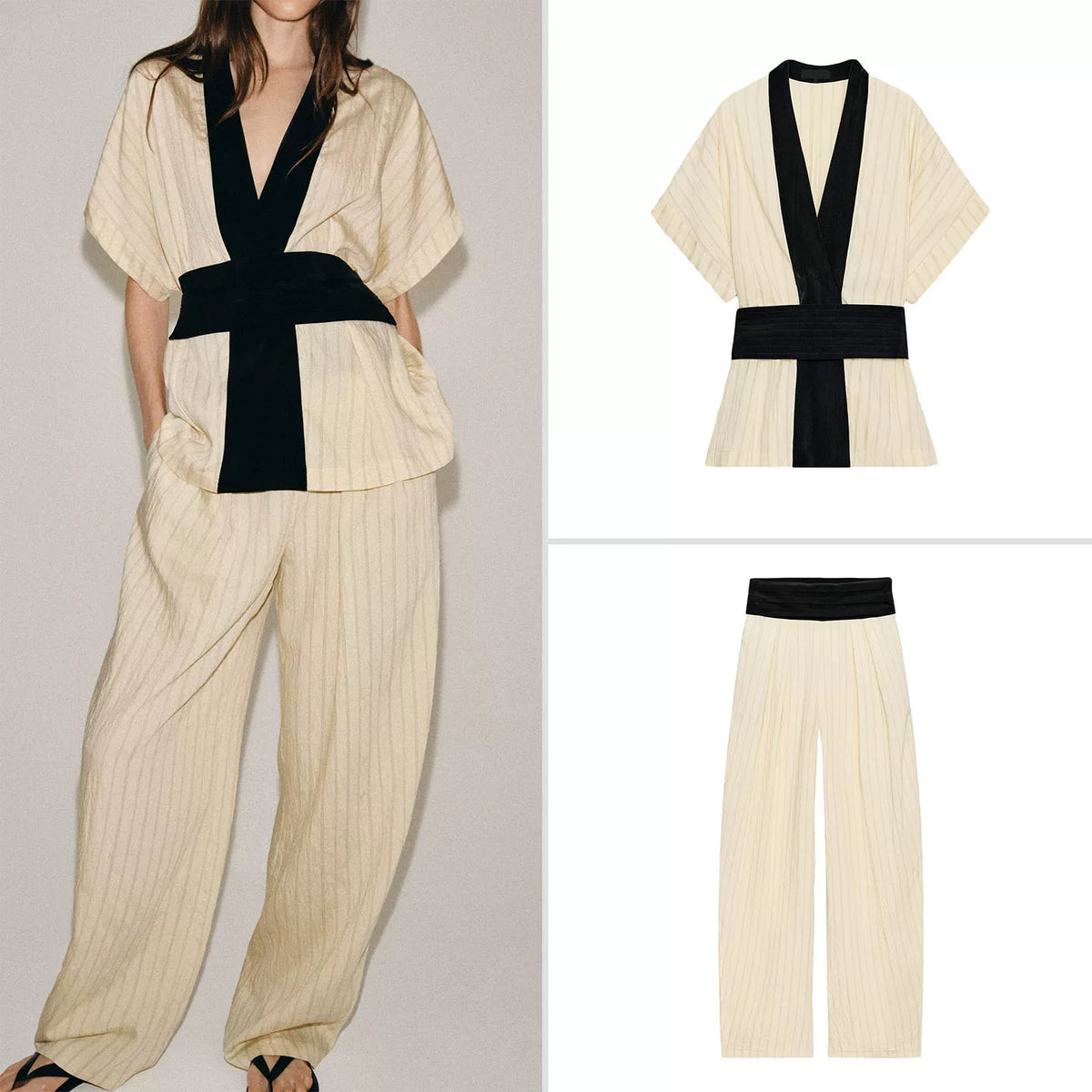 Contrast Trim Striped Top & Wide-Leg Trousers Set