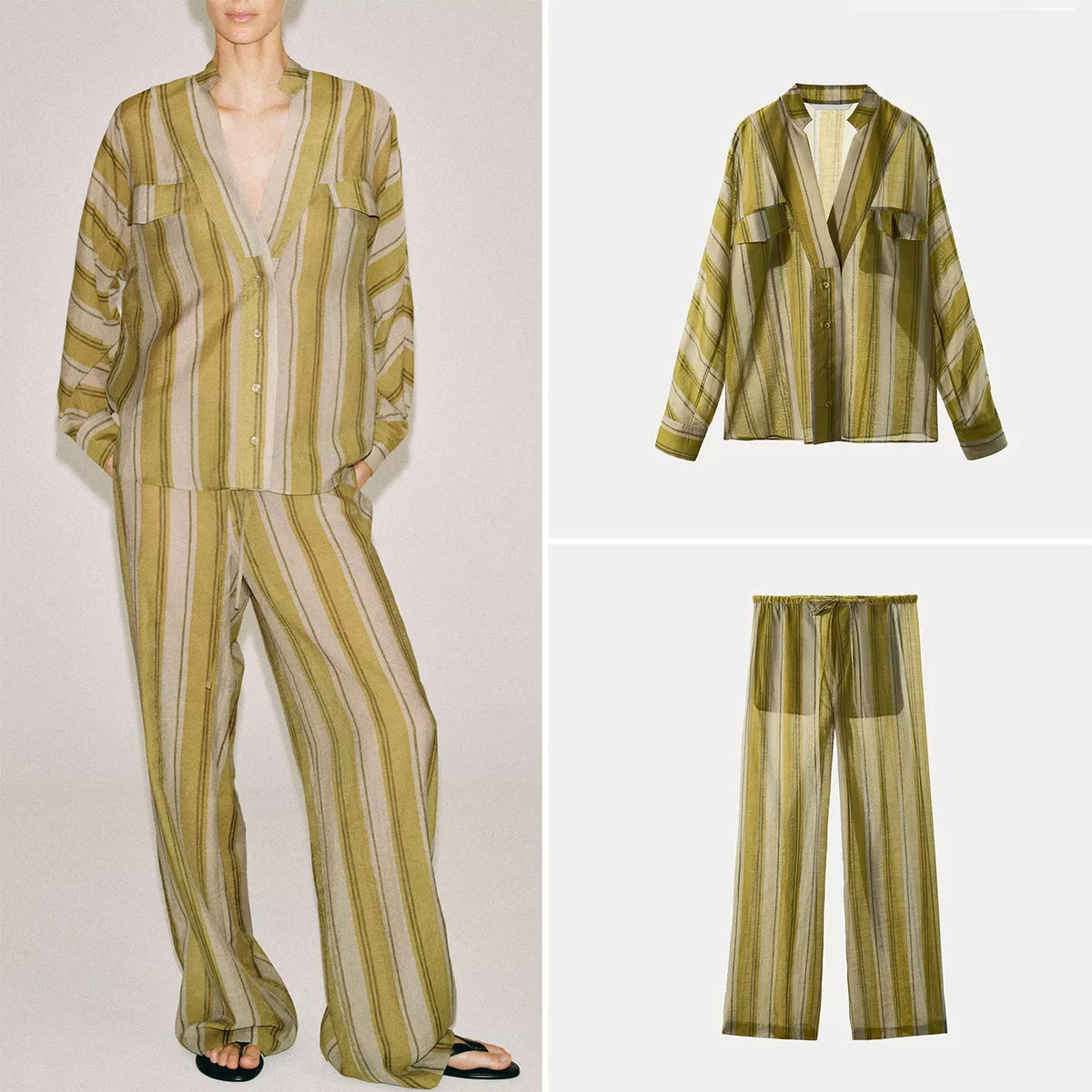 Striped Shirt and Tie-Waist Trousers Set