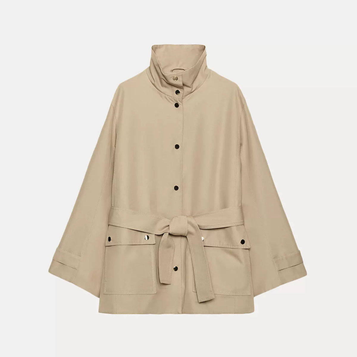 Belted Stand-Collar Trench Coat